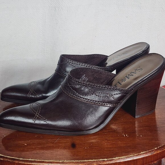 Sam & Libby Shoes - Sam & Libby Brown Leather Western Style Stitch 3" Heel Pointed Toe Mules Sz 7.5M